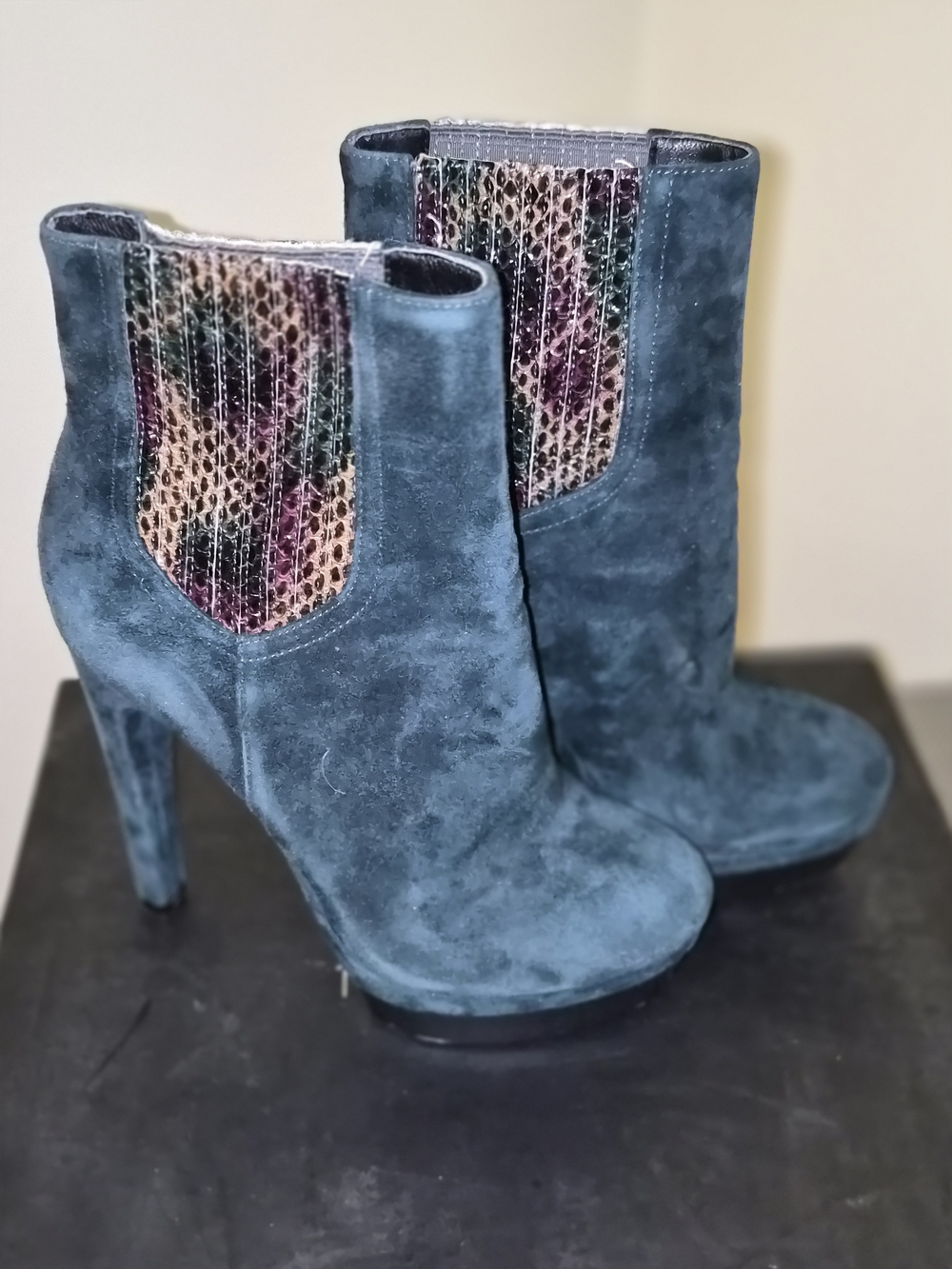 Rachel Zoe Teal Suede High-Heel Ankle Boots with Patterned Elastic Panels